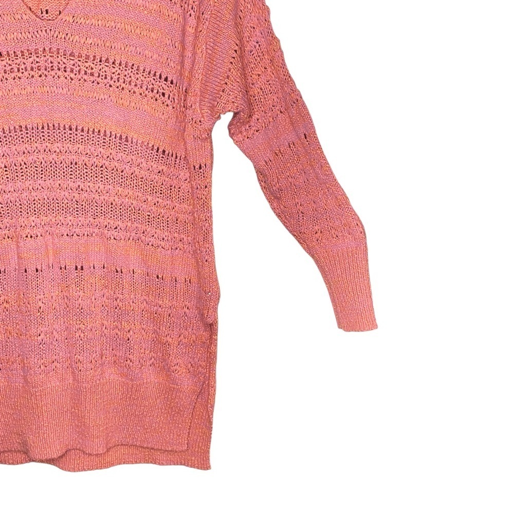 Free People Coral Pink Open Knit Oversized V-Neck Sweater Tunic Medium - Picture 9 of 15
